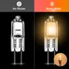 A split image showing a G4 halogen bulb, with the left side showing it unlit and the right side showing it lit with warm white light. Produktbild-Vorschau