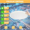 A flat LED ceiling light with various product specifications displayed around it, set against a background resembling a circuit board. Produktbild-Vorschau