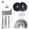 A flat lay of various components and accessories for a kitchen range hood, including charcoal filters, mounting brackets, screws, wall plugs, and an exhaust hose. Voir les images du produit