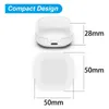 Diagram showing the dimensions of a white earbud charging case. Produktbild-Vorschau