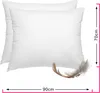 Two white feather pillows are shown side-by-side, with a feather in the foreground. Náhled obrázku produktu