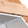 A close-up view of a construction detail showing a wooden beam and metal brackets supporting a white panel, likely drywall or ceiling tile, with a perforated metal strip visible. Produktbild-Vorschau