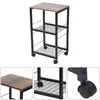 A three-tier rolling cart with a wood-grain top and black metal frame, shown against a white background. Close-up views of the top surface, the wire shelves and wheels, and a wheel assembly are also provided. Produktbild-Vorschau
