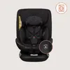 A black car seat is shown against a plain background, with icons highlighting features. Produktbild-Vorschau