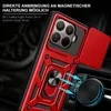 A red phone case with a camera cover and a ring holder is shown attached to a magnetic car mount. Produktbild-Vorschau