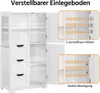 A white cabinet with open doors, showing adjustable shelves and drawers. Inset images highlight shelf adjustability and smooth movement. Produktbild-Vorschau