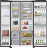 An open side-by-side refrigerator with food items organized inside. Produktbild-Vorschau