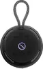 The back of a black, round Bluetooth speaker with a fabric loop attached. Produktbild-Vorschau
