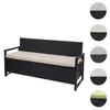 A black poly-rattan bench with a beige cushion, shown against a white background. Multiple circular swatches showing different color options are displayed to the right of the bench. Podgląd zdjęcia produktu