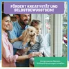 A family with a dog looking out a window, with decorative elements and text overlays. Produktbild-Vorschau