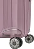 A close-up view of the bottom of a pink suitcase, showing its wheels and base. Produktbild-Vorschau