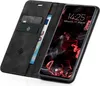 A black flip-style phone case with card slots and a euro banknote, shown open with a smartphone displaying a dark, abstract wallpaper. Produktbild-Vorschau