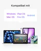 A collection of tablets and smartphones are displayed, with text above indicating compatibility with various operating systems. Produktbild-Vorschau