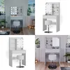 A collage of four images showing a white vanity table with LED lights and a stool, presented in different settings and angles. Voir les images du produit