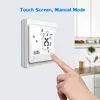 A hand is shown touching a smart thermostat mounted on a wall, with a kitchen counter in the background. Produktbild-Vorschau
