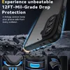 A phone case is shown with text highlighting its protective features, set against a dark, rocky background with debris. Produktbild-Vorschau