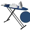 A blue ironing board with a stack of white shirts and a white iron on it, set against a white background. Produktbild-Vorschau