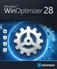 The image is a marketing graphic for Ashampoo WinOptimizer 28 software, featuring a central gear graphic and icons representing software functions. Produktbild-Vorschau
