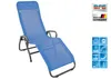 A blue lounge chair with a metal frame, presented on a white background with various product information badges. Produktbild-Vorschau