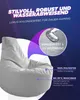 A grey beanbag chair with marketing text and graphics overlayed. Produktbild-Vorschau