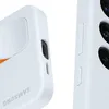 Close-up view of a light blue Samsung phone case with an orange accent, showing the side and part of the back. Produktbild-Vorschau