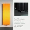 A split image showing a bright orange radiator on the left and a close-up of a black radiator connection on the right, with marketing text below. Produktbild-Vorschau