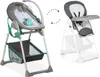 A split image showing two configurations of a baby high chair and bouncer system. Produktbild-Vorschau