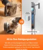Collage showing a vacuum cleaner's dustbin being emptied versus an automatic cleaning station with a dust bag. Produktbild-Vorschau