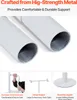 Close-up of metal tubes and three smaller images showing product features: a hand gripping a handle, an I-beam support, and a round disc base. Anteprima dell’immagine prodotto