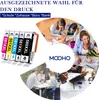 Collage of people using printers and ink cartridges, with text and product shots. Produktbild-Vorschau