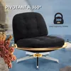 A black swivel chair with a ribbed texture is shown in a studio setting with decorative elements and text overlays. Voir les images du produit