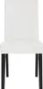 A front view of a white dining chair with black legs against a white background. Podgląd zdjęcia produktu