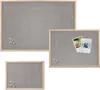 Three pinboards of different sizes with wooden frames and gray fabric surfaces are displayed against a white background. Some pinboards have pushpins and photos attached. Produktbild-Vorschau