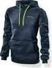 A dark navy blue hoodie with bright green drawstrings and a small green logo on the chest. Produktbild-Vorschau
