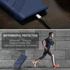A split image showing a blue phone case with a charging cable in the top half, and a man running in front of a brick wall with text about protection in the bottom half. Produktbild-Vorschau