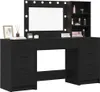 A black vanity table with a mirror and lights, and shelves on the side. Produktbild-Vorschau