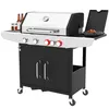A gas grill with its lid open, showing the burners and a small pan of food on the side. There are also two bottles and two shakers on the side shelf. Produktbild-Vorschau