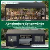 A collage showing a tent garage in two configurations: one open with people dining, and one closed with a car inside. Produktbild-Vorschau