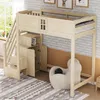 A child's loft bed with integrated storage and stairs, set in a bedroom with a brick wall and a rug. Náhled obrázku produktu