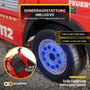 Close-up of a red toy fire truck wheel and interior, with marketing text overlays. Produktbild-Vorschau
