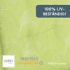 A close-up of a green fabric with a white leaf pattern, featuring marketing text and logos. Produktbild-Vorschau