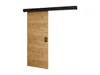 A sliding door with a wood grain texture and a black handle, mounted on a black track.