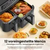 A dual-chamber air fryer with food inside and around it, along with text describing its features. Produktbild-Vorschau