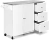 A white kitchen island with a stainless steel countertop and three open drawers. Náhľad obrázku produktu