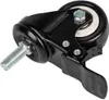 A black caster wheel with a threaded bolt and a brake lever, isolated on a white background. Produktbild-Vorschau