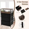 A product image showcasing a 3-tier storage shelf with fabric drawers, featuring close-ups of its components and descriptive text. Náhled obrázku produktu