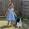 A young girl is walking a stuffed dog in a backyard. Anteprima dell’immagine prodotto
