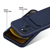 A close-up view of a dark blue phone case with a card slot, highlighting its raised edges for screen and camera protection. Produktbild-Vorschau