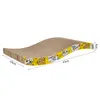 A wavy cardboard cat scratching board with cartoon cat faces and speech bubbles printed on the yellow border. Náhľad obrázku produktu