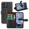 A collage of images showing a black flip wallet case for a Motorola Moto G86 5G phone, with the phone inserted and cards/cash visible. Produktbild-Vorschau